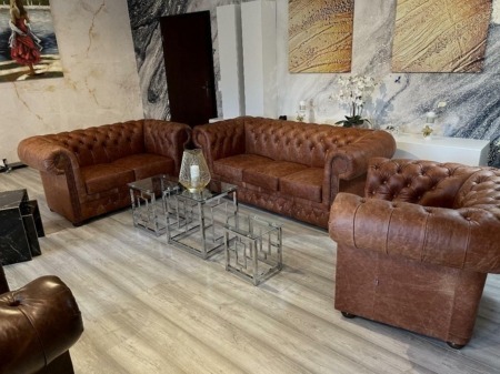 Chesterfield Set Chestnut 3+2+1 HAMILTON Aniline Rinder Leder Pull Up